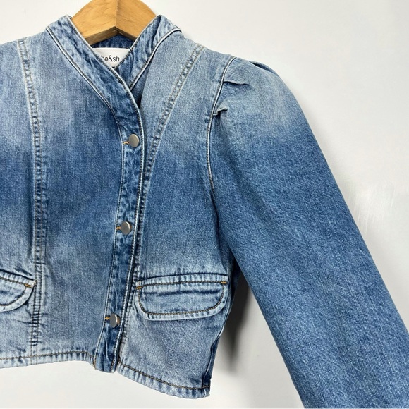 ba&sh Daisy Jacket Blue Cropped Jean Jacket‎ Band Collar Pockets Size XS - Picture 5 of 14
